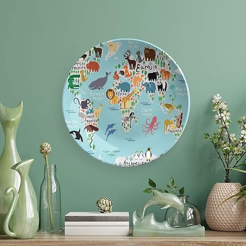 Miniatura 5 de XISUNYA Plato decorativo de 8 pulgadas, artesanía de cerámica para niños, mapa educativo del mundo, camello, lama, cocodrilo, koala, estampado de