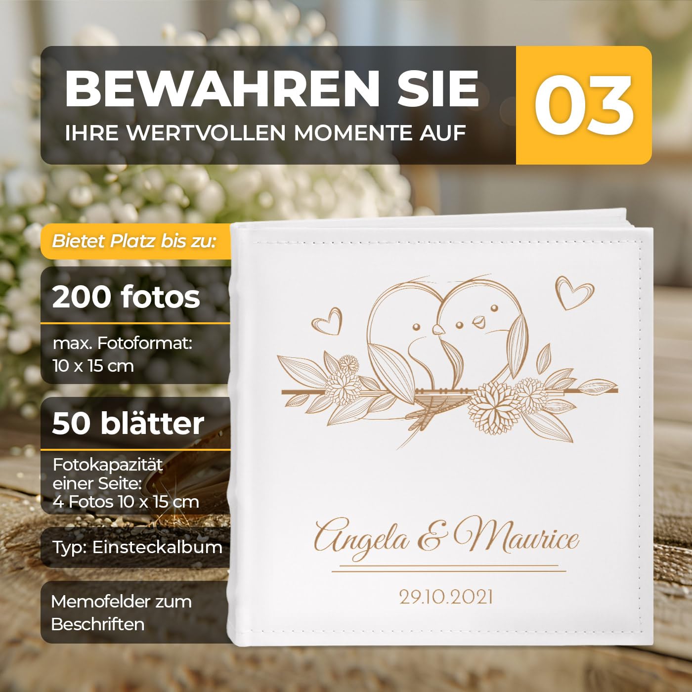 Maverton Einsteckalbum mit Aufdruck - Fotoalbum für 200 Fotos 10x15-50 Seiten - Größe: 21x22cm - Weiß - personalisierte Geschenke für Paar zur Hochzeit zum Hochzeitstag
