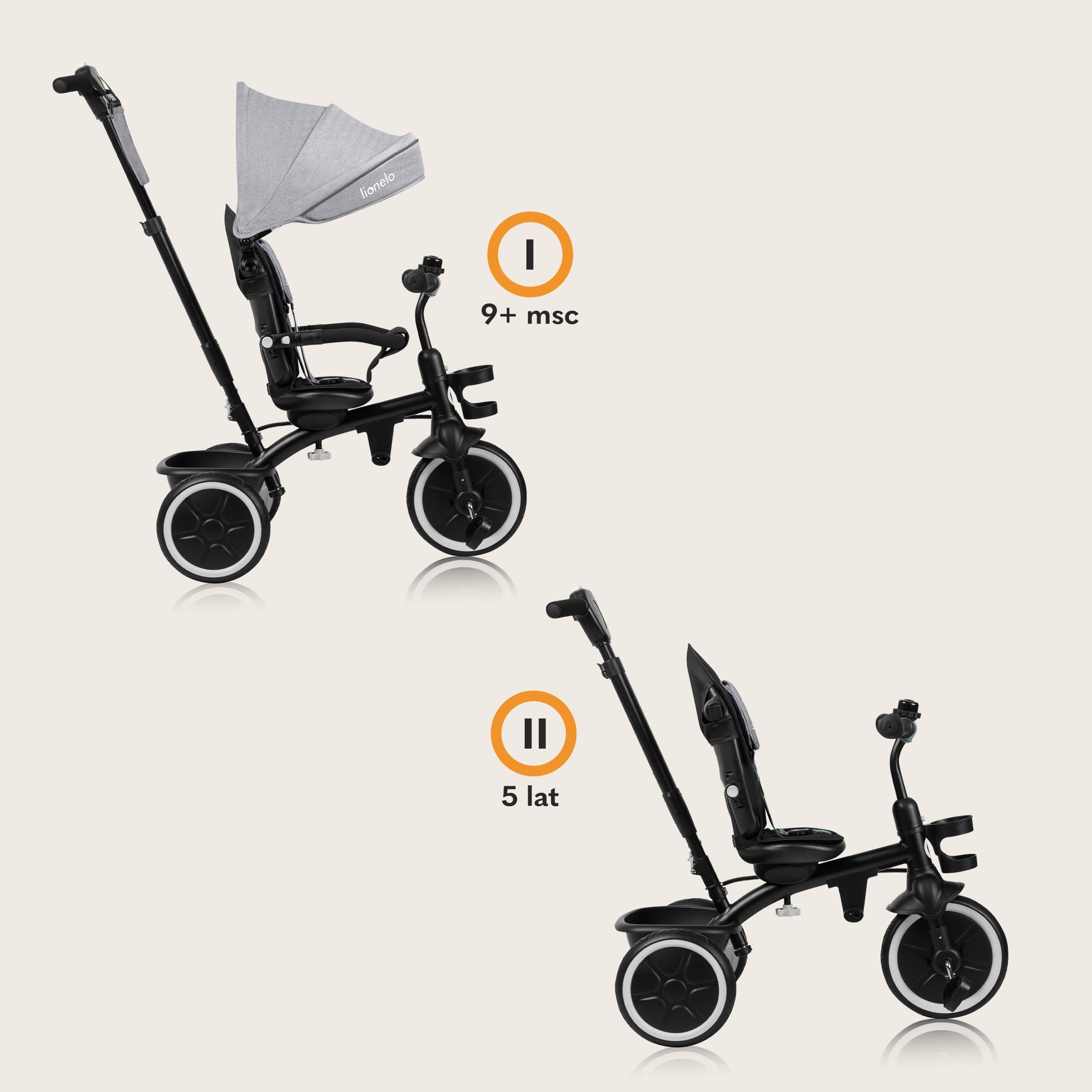 LIONELO Berry Multifunktionales Dreirad und Kinderwagen von 9 Monaten bis 5 Jahren bis zu 25 kg Große PU-Räder, Dreirad-Drehsitz 360° Montage ohne Werkzeug
