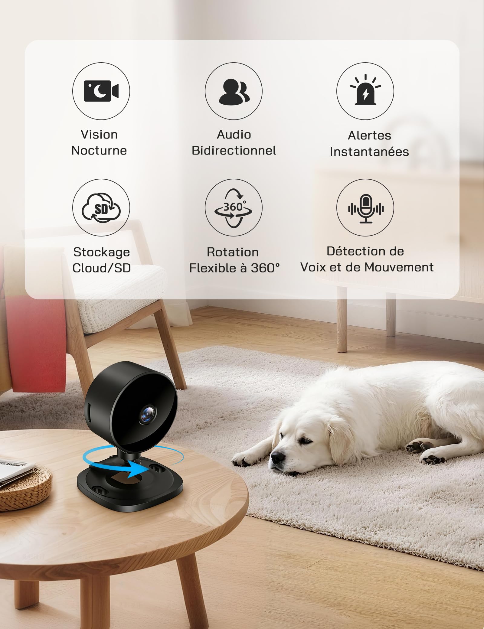 WOLFANG Caméra Intérieure sans Fil 1080P, Caméra WiFi avec Vision Nocturne, Détection de Mouvement, Audio Bidirectionnel, Compatible Alexa & Google Home, WiFi 2,4 GHz Uniquement