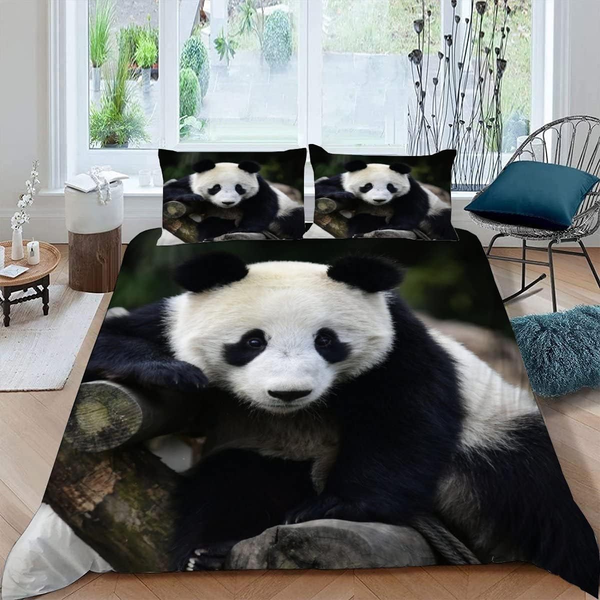 Housse de couette 200x200 pandas microfibres douce avec deux taies d'oreiller lit 2 personnes