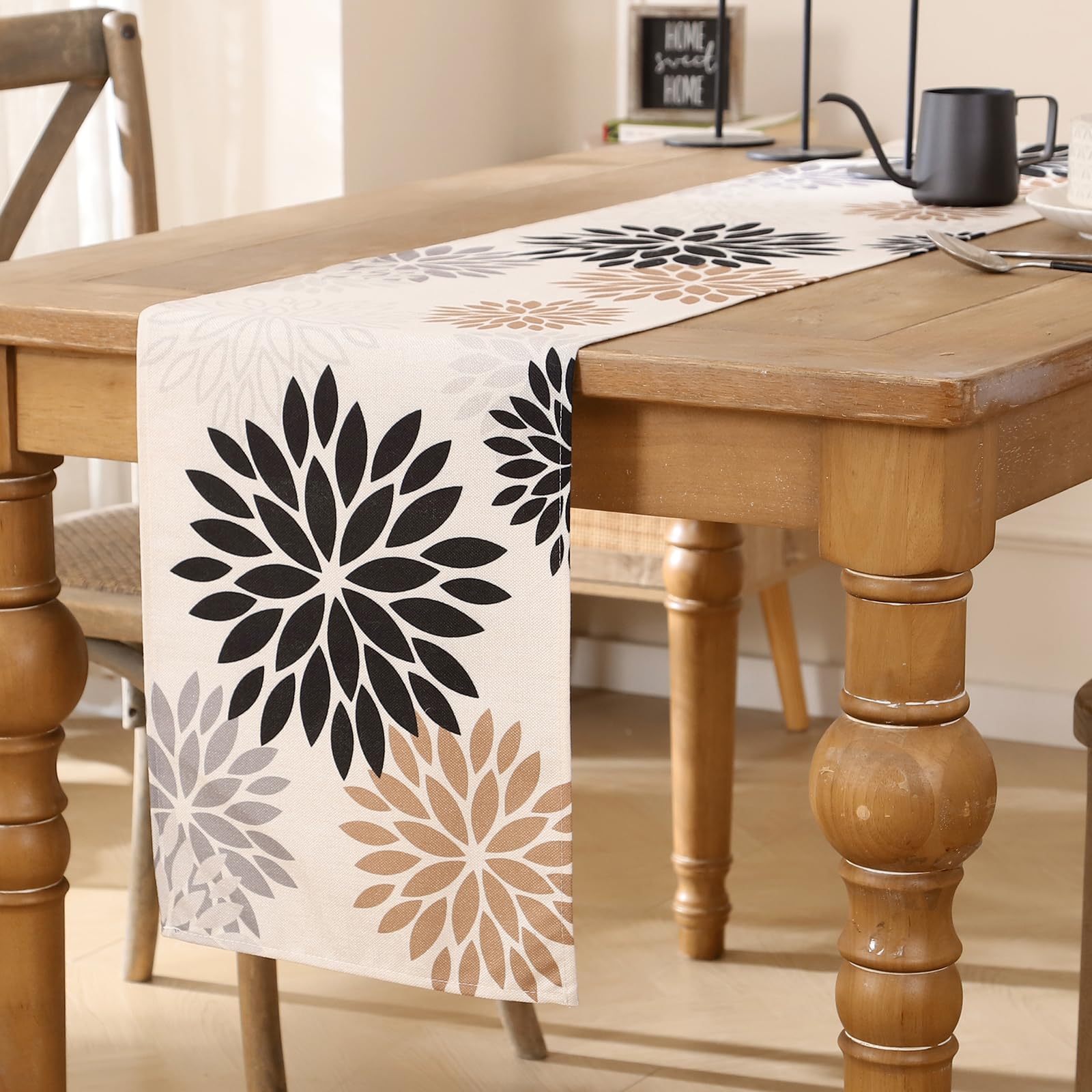 Tischläufer Blumen Braun Schwarz Dahlien Moderne Tischläufer Herbst Table Runner Küche Tisch Läufer Dekoration Tischdecke für Hochzeit Esszimmer Drinnen Urlaub Café Garten Party Dekor 33x183 cm