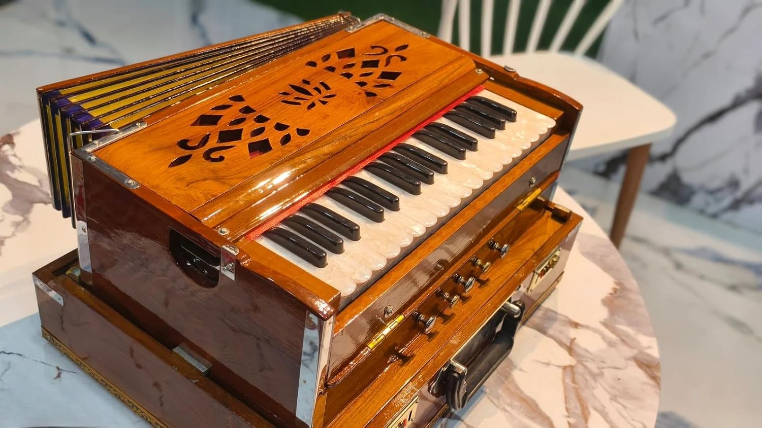 NamasteHimalayas Premium 2-Reed Harmonium in 2.5-Octave with 32 keys Professional Model – Teakwood Folding Design with Soothing Sound