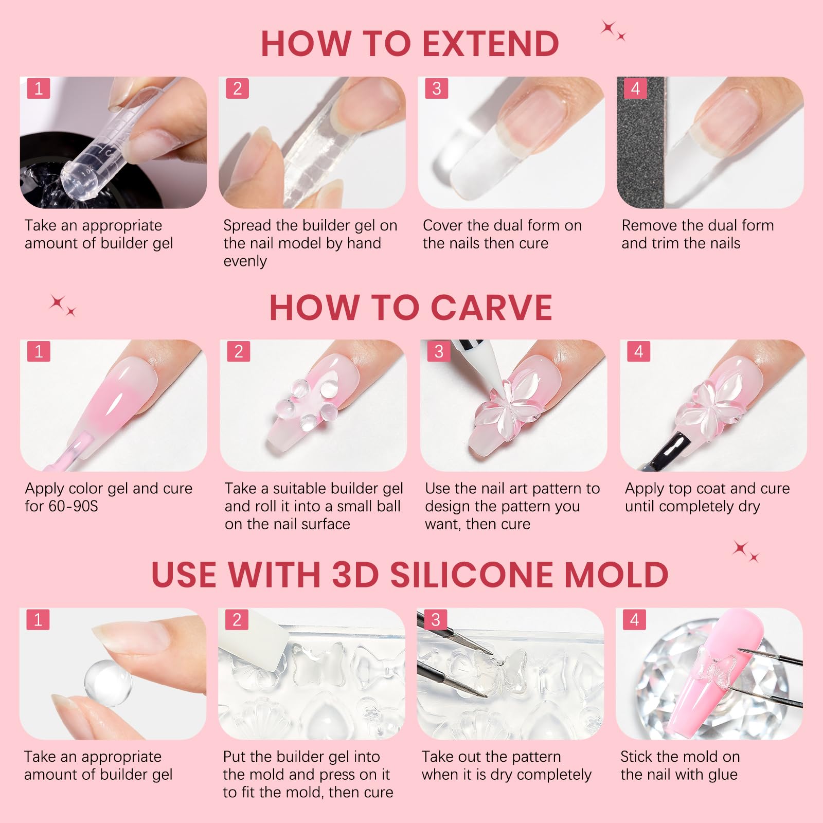 SUPWEE Clear 3D Gel Nail Art, 3 sztuki solidnych żelów do paznokci z silikonowym pisakiem, żel 3D do rzeźbienia paznokci i dekoracji, do domu, salonu DIY, 5 g