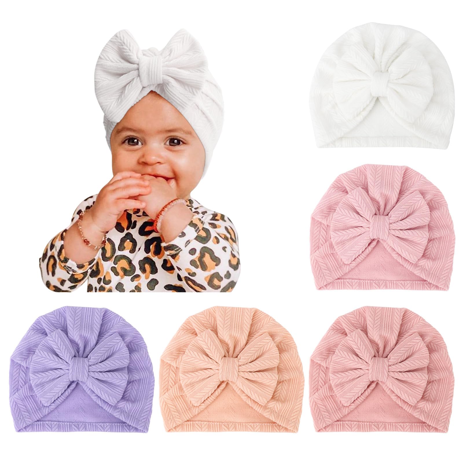 DRESHOW 5 Pieces Baby Turban Hats Turban Bow Knot Baby Infant Beanie Baby Girl Soft Cute Toddler Cap