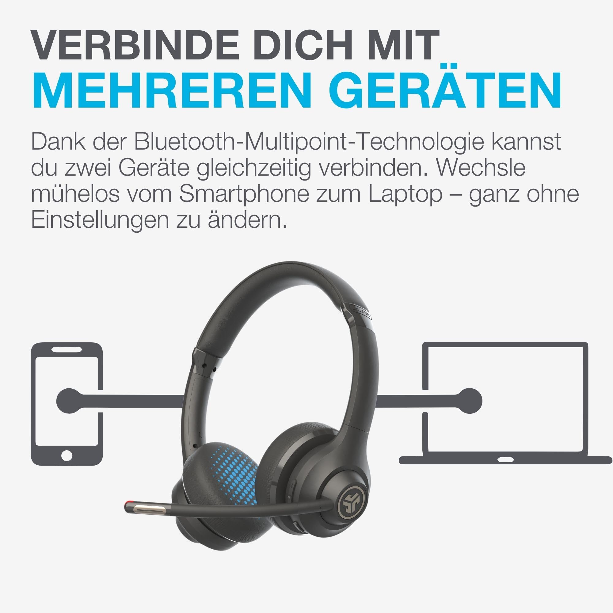 JLab Go Work 2nd Gen Bluetooth Headset mit Mikrofon & USB C Dongle, Akku 55h+, Wireless Headset PC mit Noise Cancelling Mikrofon, kabellos & per Kabel, Multipoint, für Handy, Office, Büro