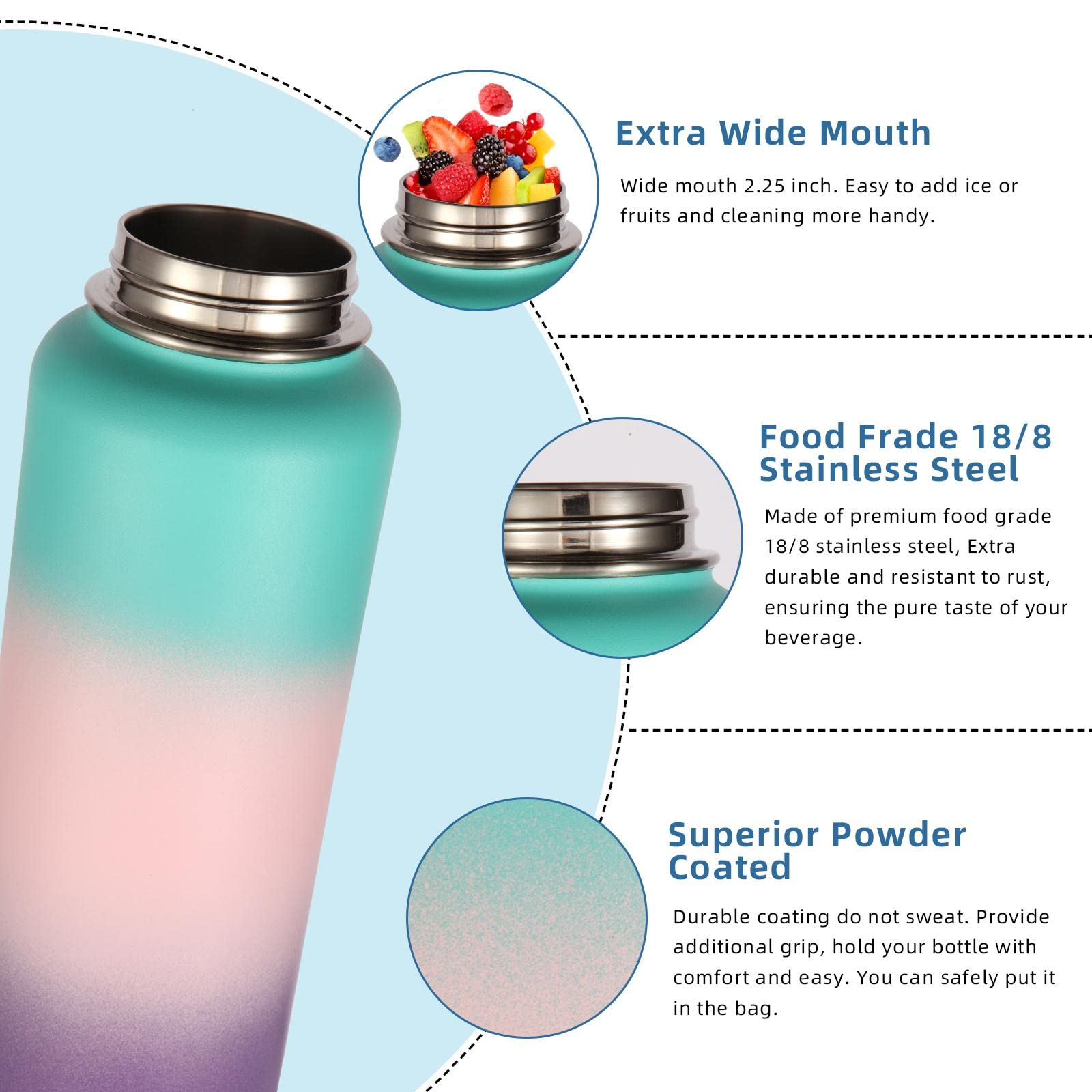 Volhoply Insulated Water Bottles Bulk 2 Pack, 1200ml Sports Bottle with Paracord Handle & Spout Lid - Image 4