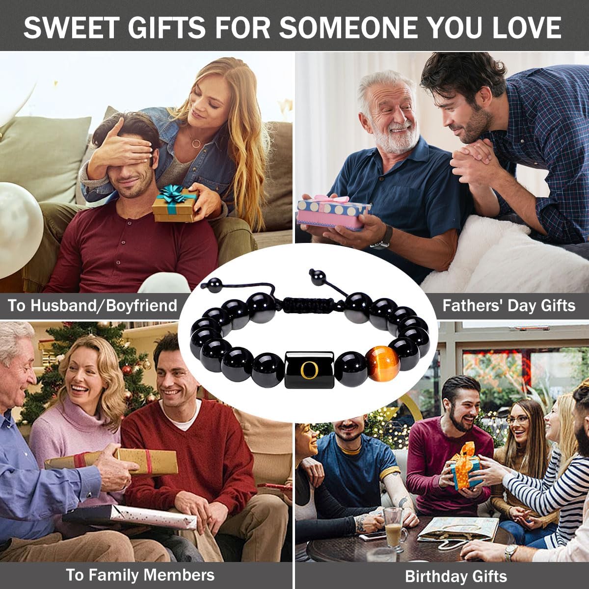 SUMMER LOVE Father's Day Gifts 10MM Black Onyx Stone Initial Bracelet for Men Letter Link Handmade Tiger Eye Bead Braided Rope Bracelet Gifts Mens Bracelet - Image 5