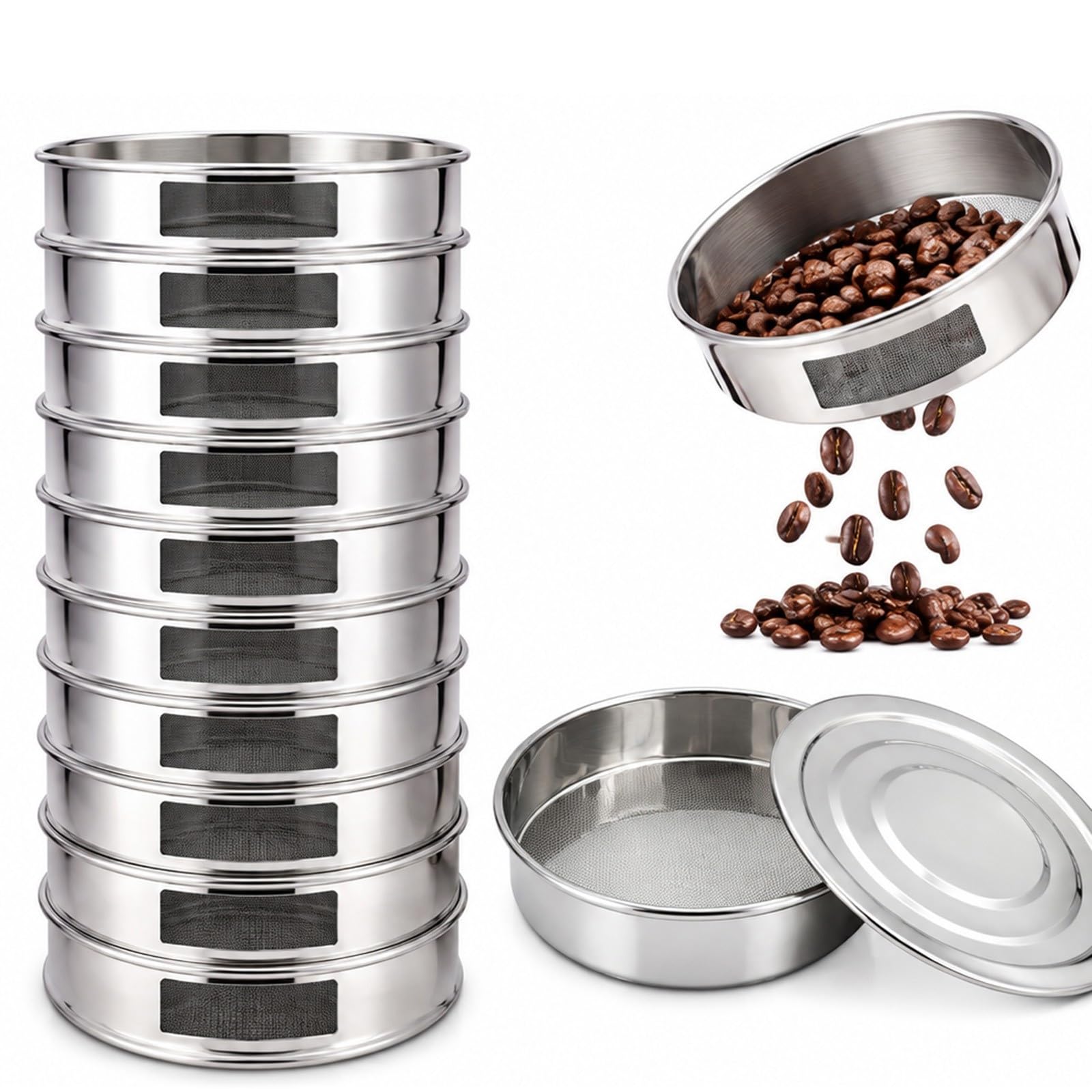 Juego de tamices Redondos de Malla Fina para Granos de café; Incluye tamices de Acero Inoxidable 304 de 10 Niveles con Bandeja Inferior; Ideal para clasificación de Granos Verdes