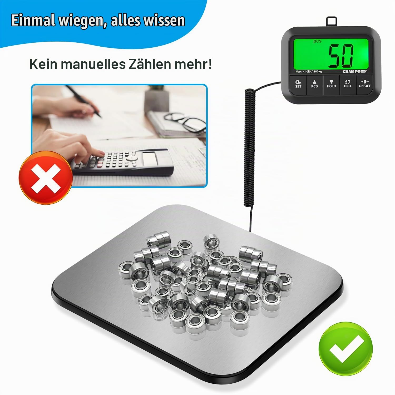 GRAM PRES Versandwaage, 440 lbs/10g Hochpräzise Postwaage | mit Hold/Tare/Pcs, Digitale Briefwaage mit LCD-Display für Pakete/Gepäck/Postamt/Hund, inkl. Batterie & USB-Kabel