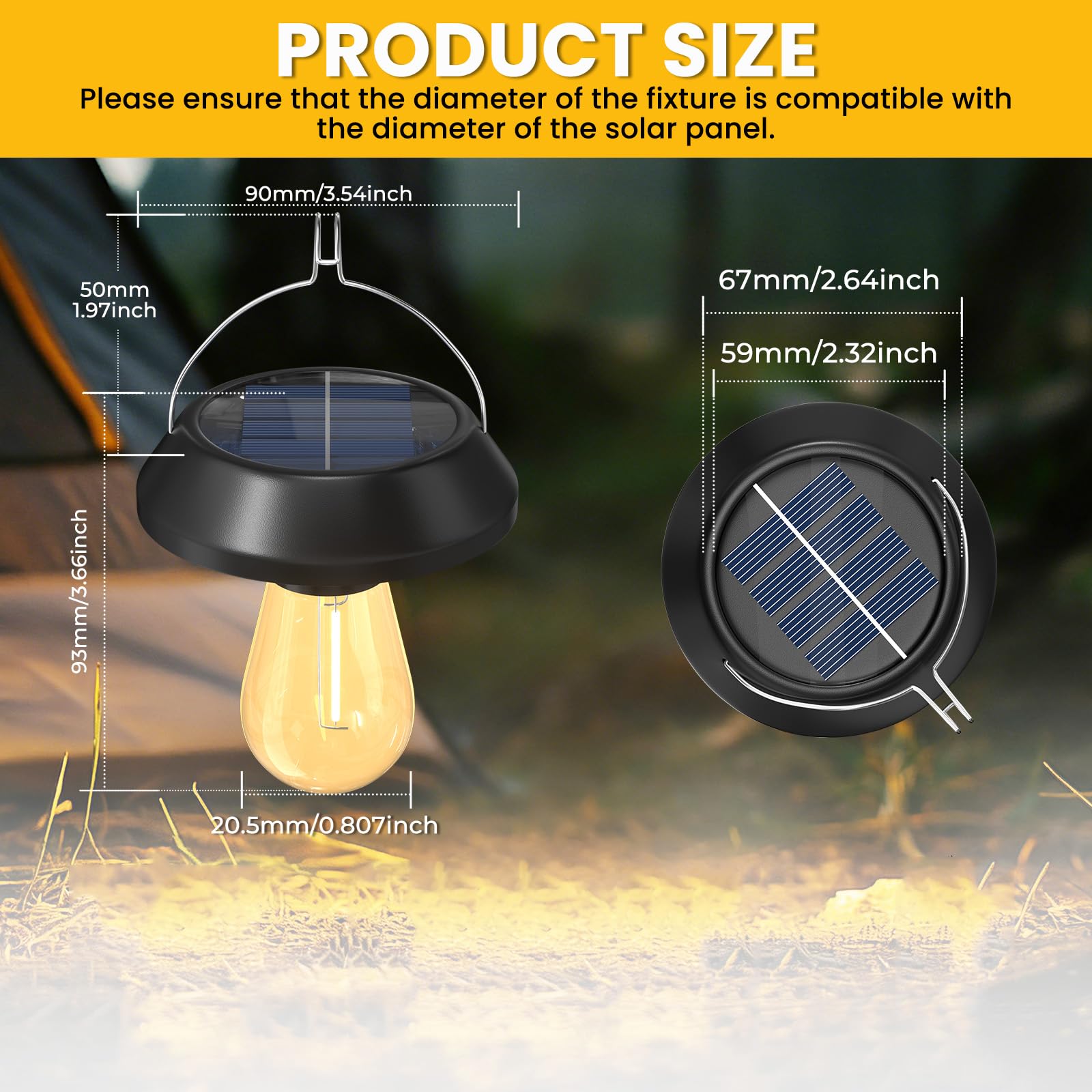 Lampada da Campeggio LED Solare, Lanterna Solare per Tenda, Luce Solare Esterno IP44 con Gancio, Lampada Tenda per Campeggio, Trekking e Illuminazione di Emergenza, 2 Pezzi