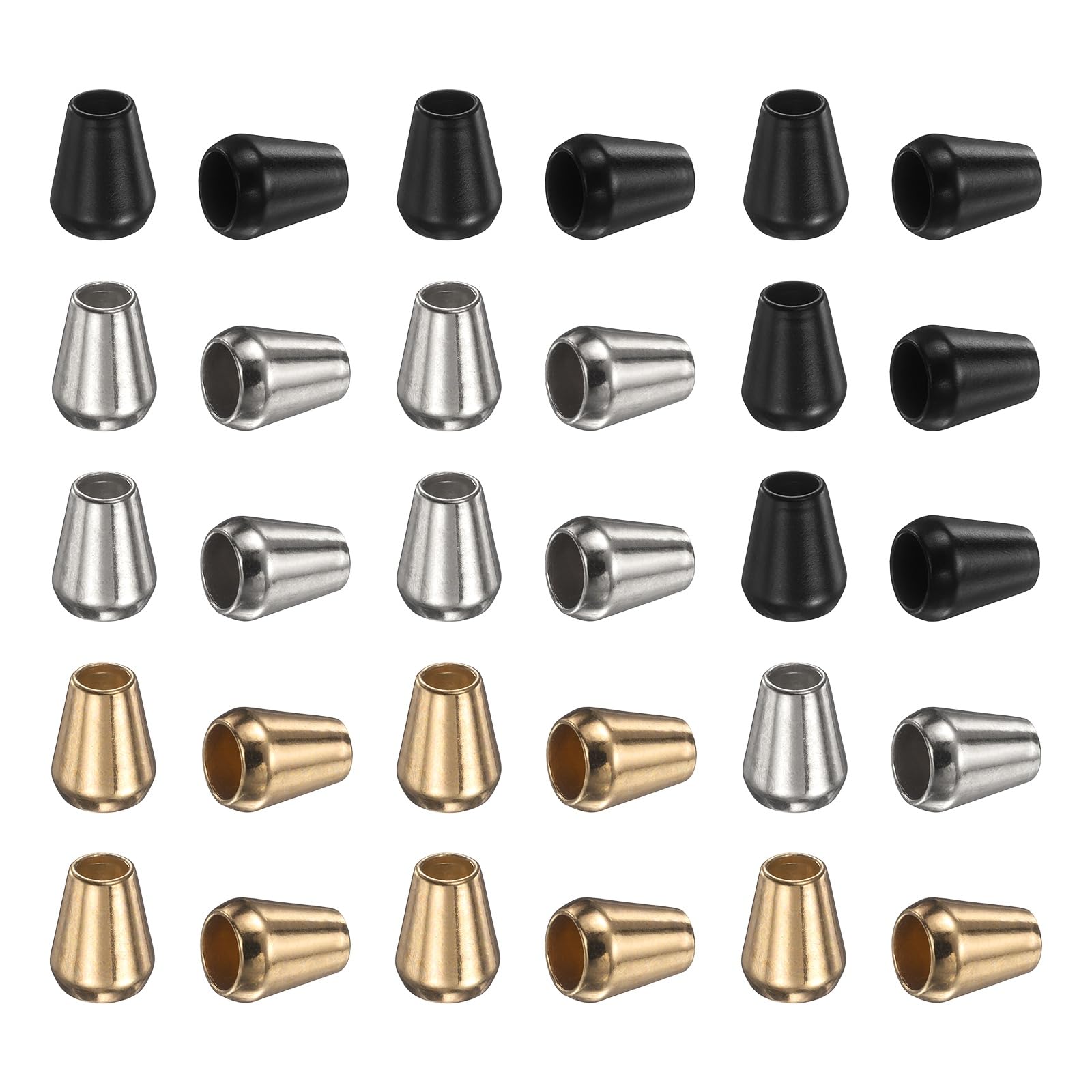 PATIKIL Metal Bell Stopper, 30 Pack Conical Cord Ends Lock Fastener Drawstring Rope End Stopper for Paracord, Camping, Hiking, Shoelace Replacement, Silver, Black, Gold