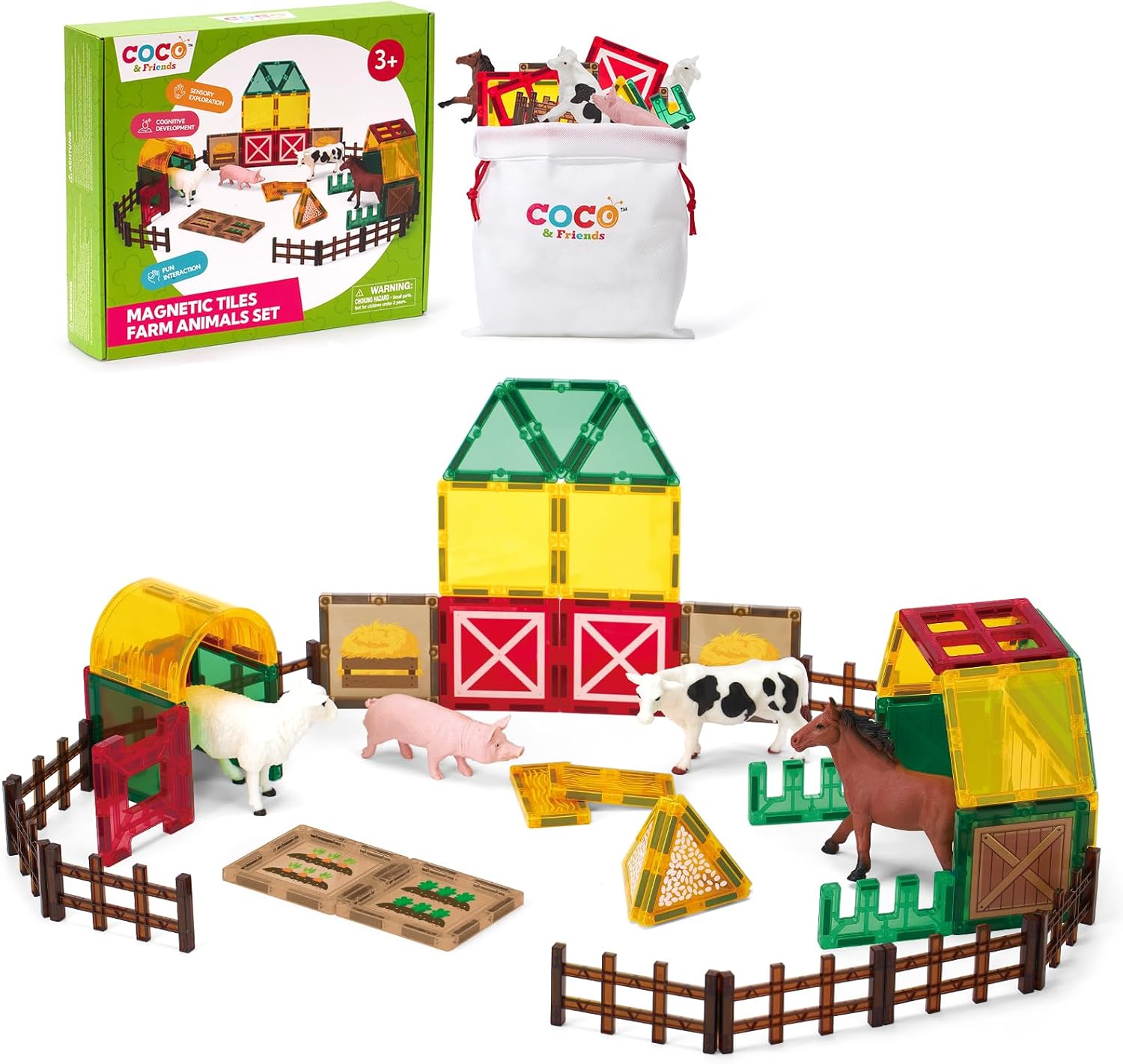 COCO&Friends Magnetic Tiles Farm Animals for Toddlers Kids Ages 3-8 - 45 PCS Magnetic Blocks with Fence Building Toys for 3 Year Old Girl Boy Birthday Gift - Montessori Educational Magnet Toys