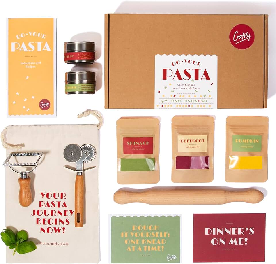 DIY Pasta Making Kit | Gourmet Pasta Set | All-in-One Set with Rolling Pin, Cutting Wheel, Ravioli Stamp, Spices &amp; Pasta Dyes | Great Gift for Beginners and Experienced Cooks