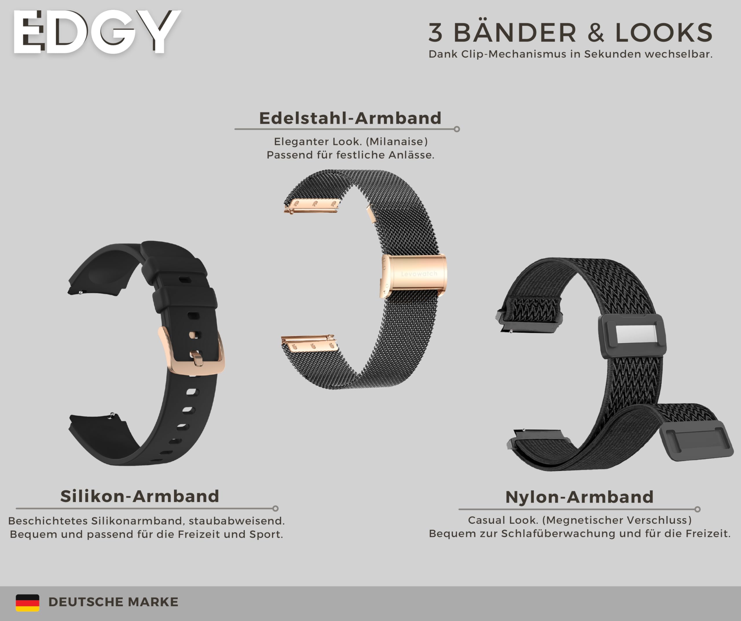 Edgy Damen Smartwatch, AMOLED Always-On, KI Steuerung, Fitness Tracker für Android & iOS, 3 Armbänder, Edelstahlgehäuse, Telefonfunktion, Sprachsteuerung, Puls, wasserdicht, Frauenmonitor
