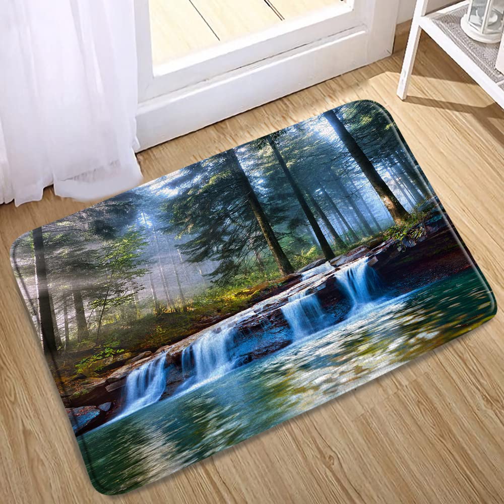 Waterfall Bath Mat Spring Misty Forest Landscape Tropical Jungle Rainforest Green Tree Summer Nature Scenery Bathroom Rugs Shower Floor Carpet Doormat