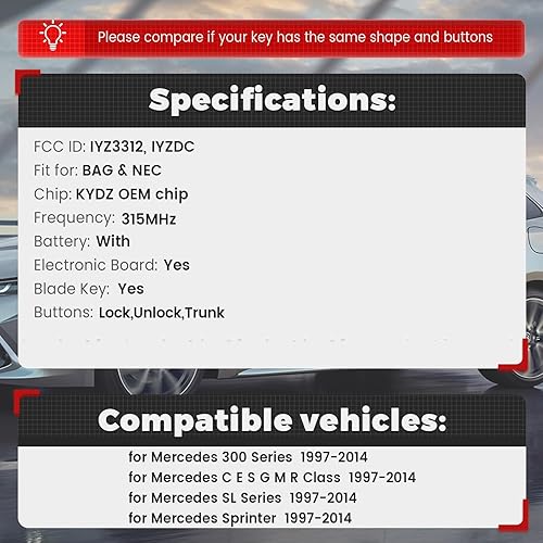 Miniatura 1 de Beefunny 315MHz Smart 3+1 4 botón de reemplazo remoto llavero para Mercedes-Benz Soporte NEC y BGA 2000-2014, 705 Moto (2)