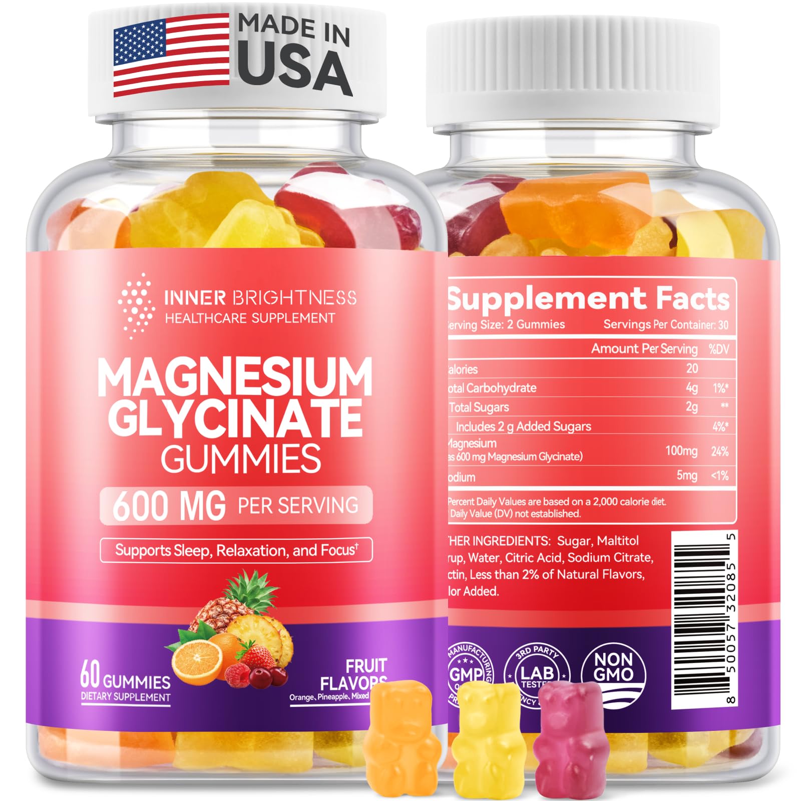 Magnesium Glycinate Plus Gummies 600mg, Sugar-Free, for Adults &amp; Kids 4+