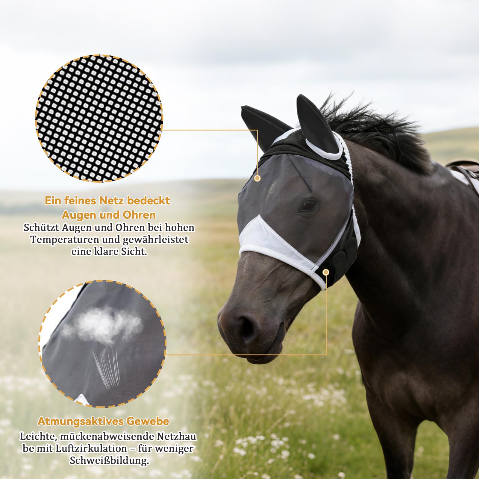Maschera da mosche per cavallo, protezione UV, traspirante, per cavallo, sangue caldo, protezione contro mosche e raggi UV, per allenamento e uso quotidiano, maschera per mosche a lunga durata, taglia