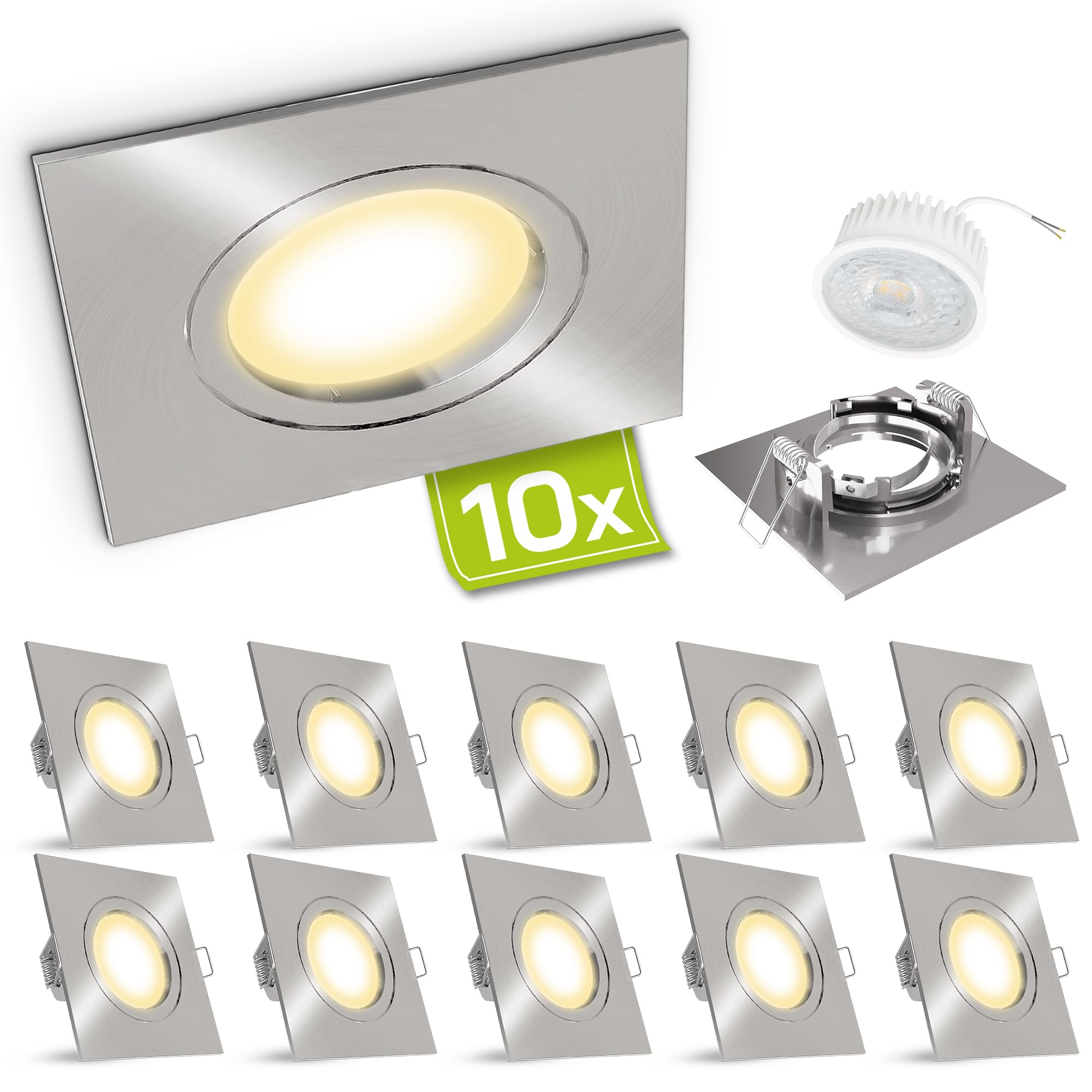 linovum® Decken Einbauleuchten 10er Set flach (36mm) eckig starr Edelstahl Optik - Einbaustrahler Set mit LED Module Leuchtmittel 4W warmweiß