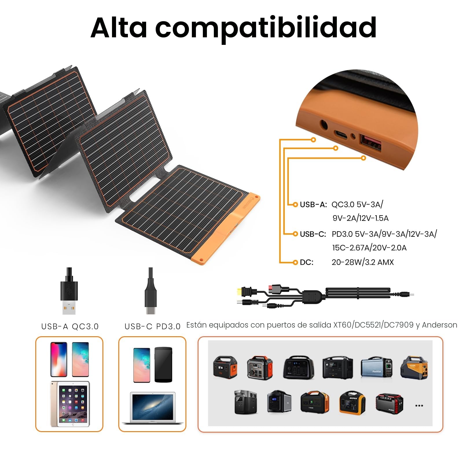Paneles Solares 60W Cargador Solar Plegable Portátil IP67 Impermeable Fuente de Alimentación de Emergencia Campamento