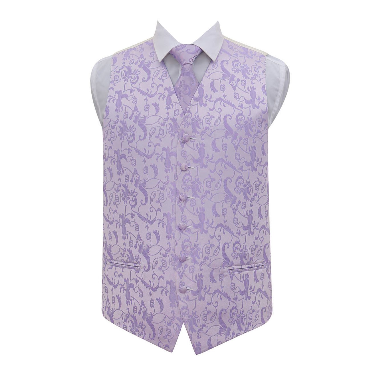 Dqt Men's Lilac Floral Passion Jacquard Waistcoat, Tie, Pocket Square & Cufflinks Set (4Pc) - Wedding, Business & Formal - 44" (2Xl)