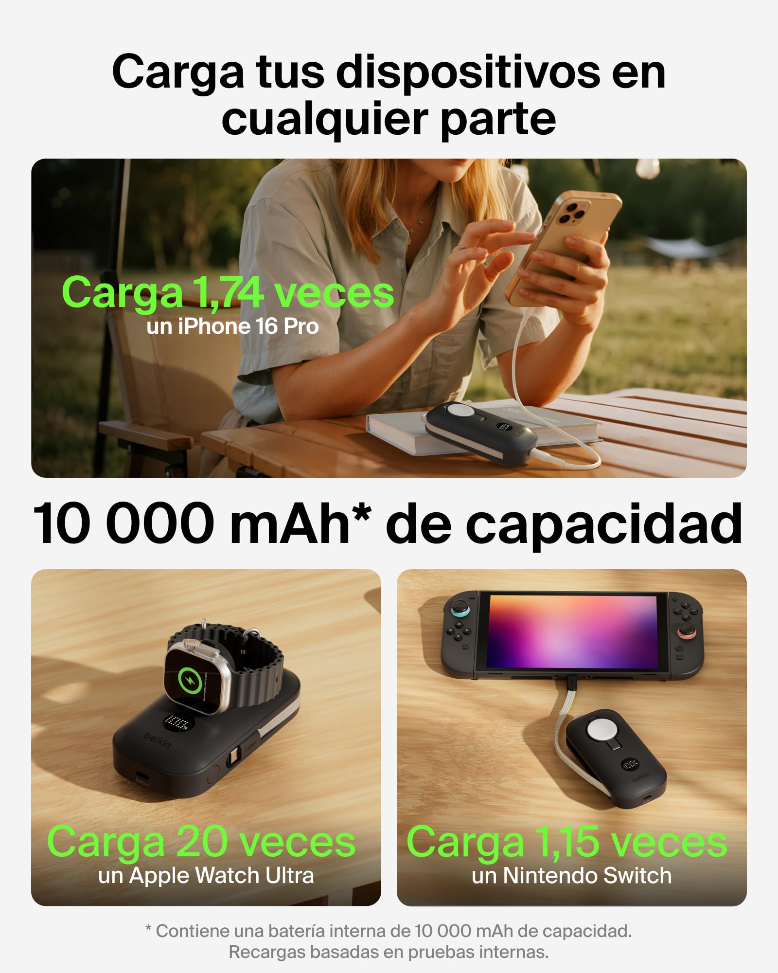 Belkin BoostCharge Pro Batería Externa Carga Rápida 10000mAh, Power Bank Cargado, para Apple Watch, Batería Portátil con Cable USB C Trenzado y Pantalla, 45W, Cargador Portátil, 3 Dispositivos, Negro