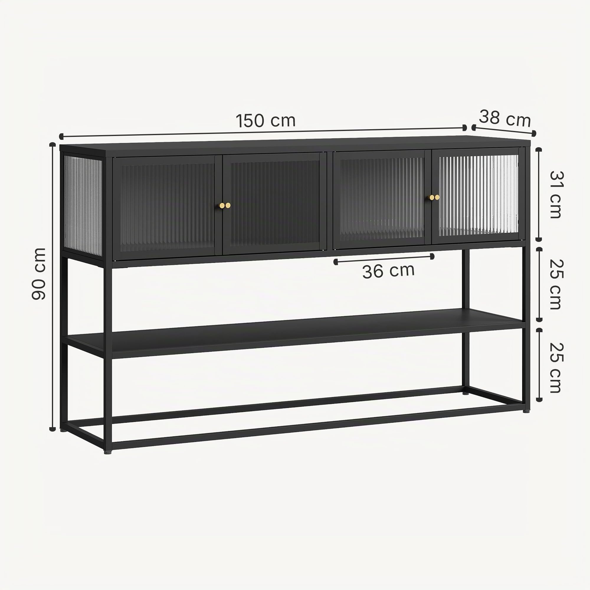 [en.casa] Sideboard Säkylä Vitrine Mehrzweckschrank 150 x 38 x 90 cm Vitrinenschrank mit 4 Glastüren 2 Fächern und 1 Ablage für Wohnzimmer Esszimmer Flur Schwarz