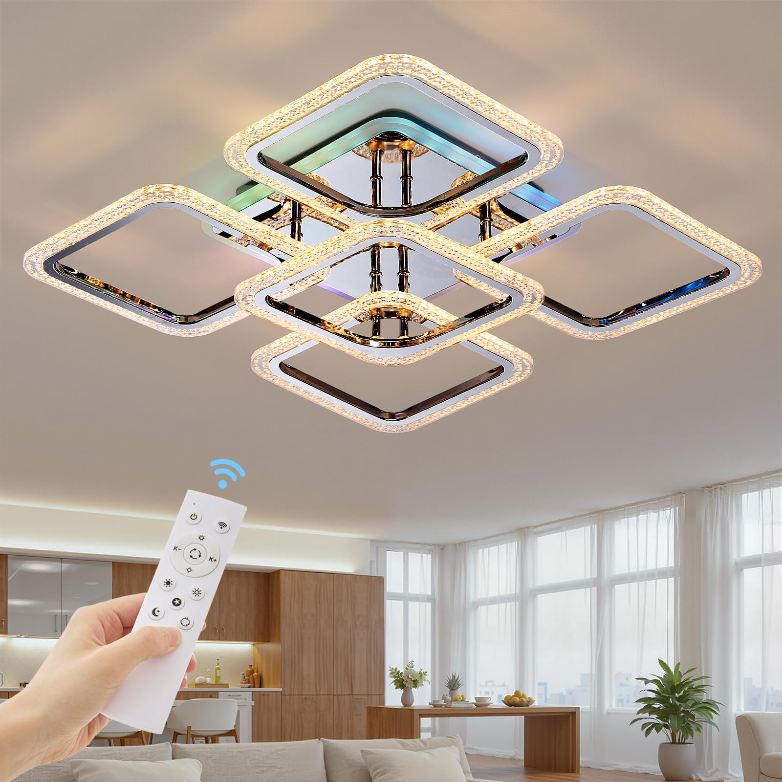 Warmiehomy LED Ceiling Light,70W 6400LM Modern Dimmable Ceiling Lighting RGB Backlight with Remote Control,5 Squares Ceiling Lamp for Living Room Bedroom,3000-6500K(Chrome,55CM)