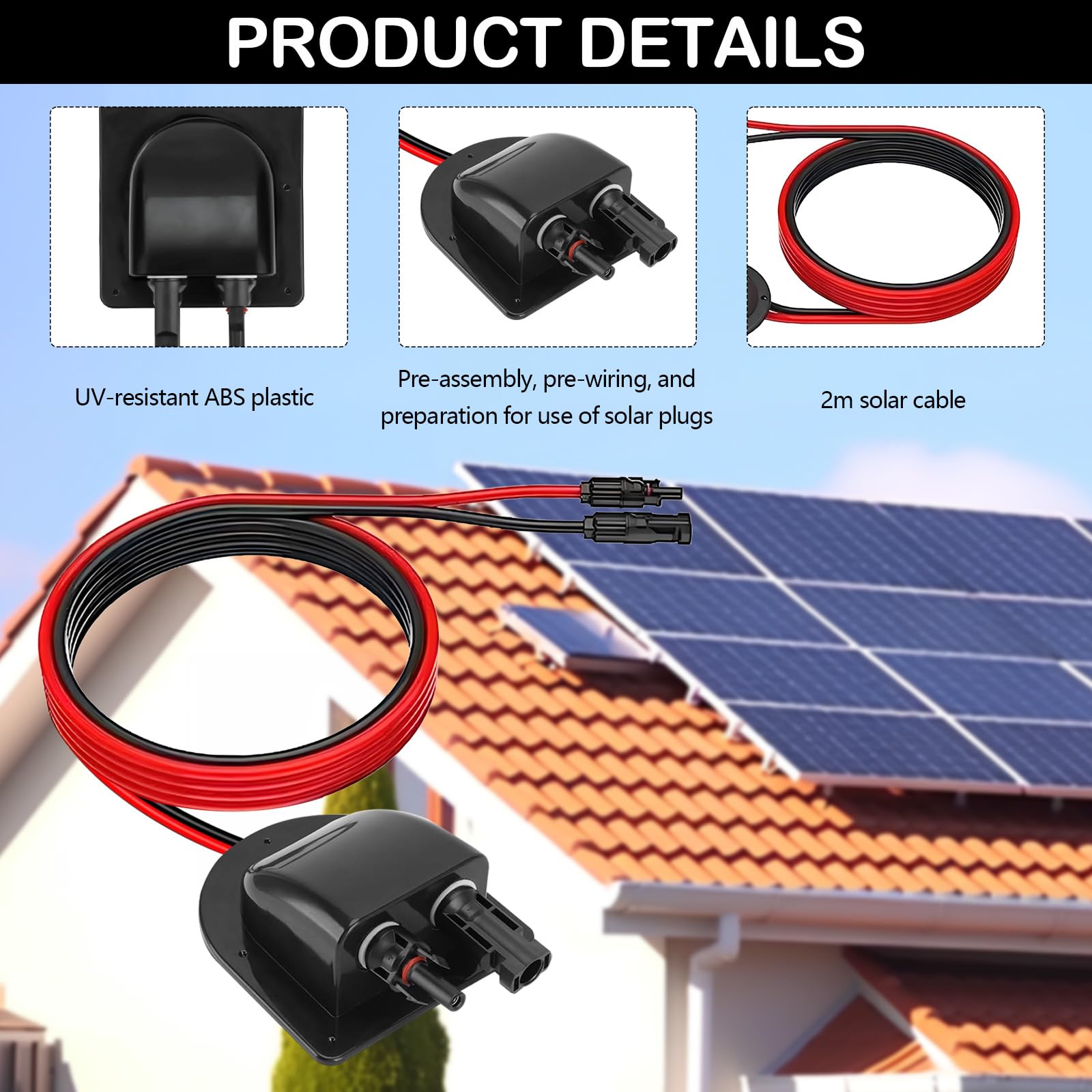 2 Stück Solar Doppel Kabeldurchführung Wasserdicht, Dachdurchführung Solar mit ABS Gehäuse, 2M 10AWG Solar Verlängerungskabel, Solarmodule Kabelverbinder für Wohnmobile, Boote, Fahrzeuge