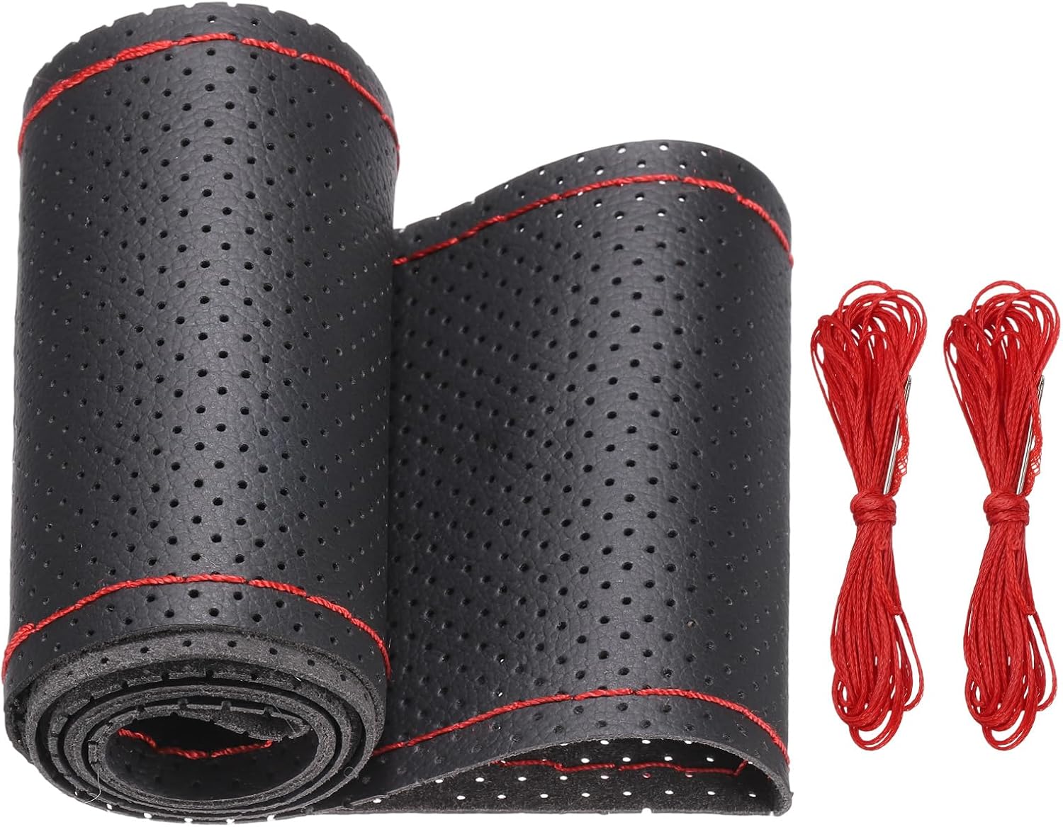 PATIKIL Microfiber Leather Steering Wheel Cover, 15 Inch Stitch on Wrap Car Steering Wheel Universal Protector with Needle and Thread for Most Vehicle Trucks (Black/Black Line, Hole)