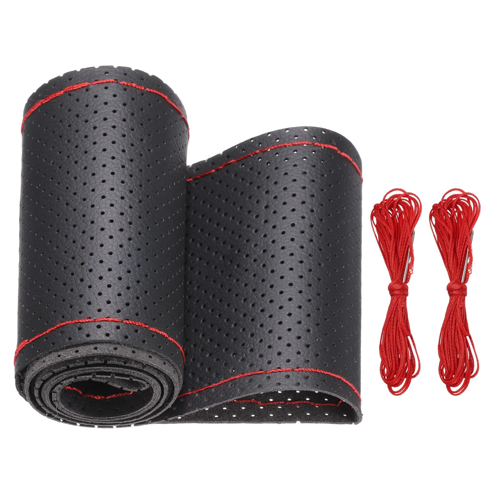 – PATIKIL Microfiber Leather Steering Wheel Cover, 15 Inch DIY Hand Stitch on Wrap Car Steering Wheel Universal Protector with Needle for Most Vehicle Trucks (Black/Red Line, Hole)