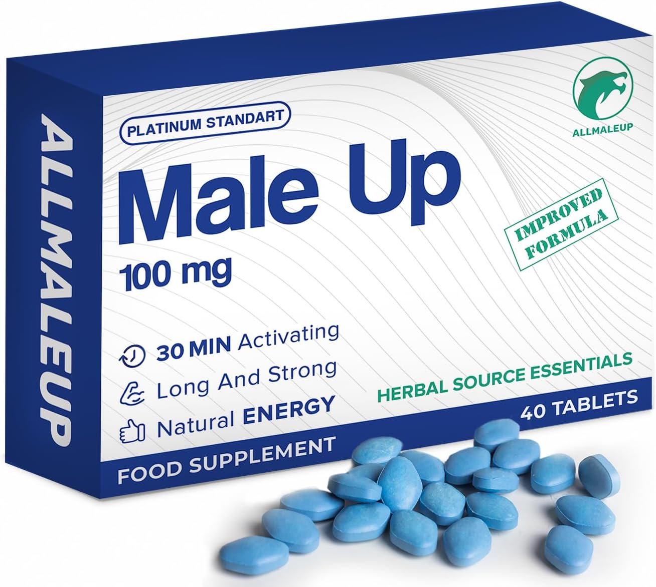AllMaleUp 40 Pills for Men – Extra Strong Stamina Booster, Organic Herbal Energy Powder, Long-Lasting Male Supplement, Made in The UK