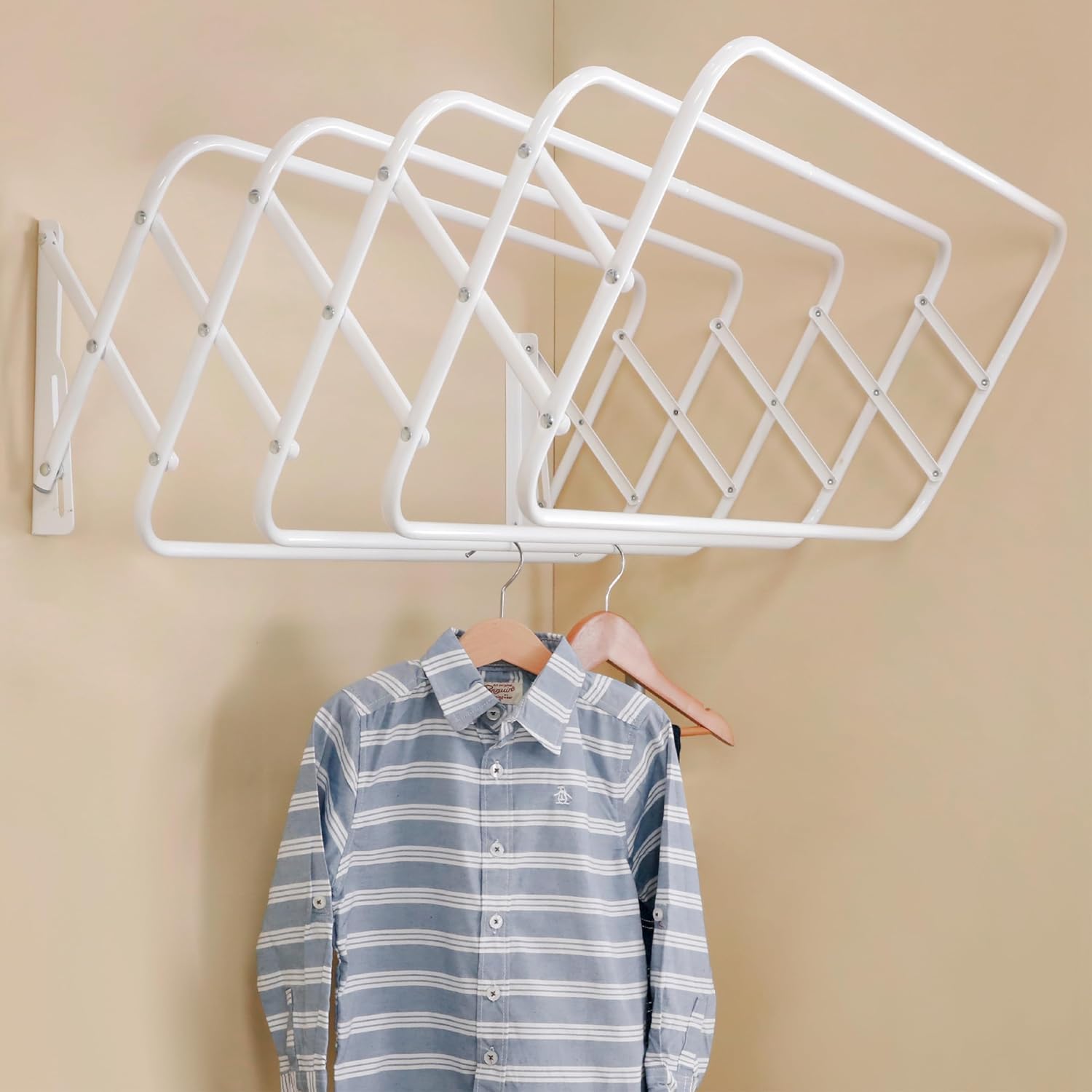 Steel Wall Mount Clothes Drying Rack, White Powder Coated, 9 Rods Expandable, for Laundry, Bathroom, Balcony,Indoor-Outdoor Use, 36 in wide 36" White