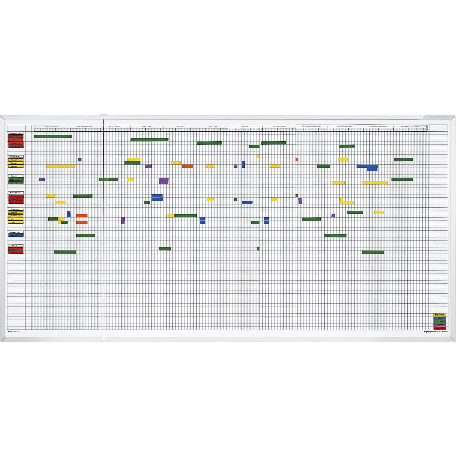 magnetoplan Aktivitäten- und Urlaubsplaner, 5-Tage-Woche | BxH 1500 x 750mm | Magnethaftender Jahresplaner für 60 Mitarbeiter bzw. Vorgänge | Magnettafel zur Terminplanung und Personalplanung