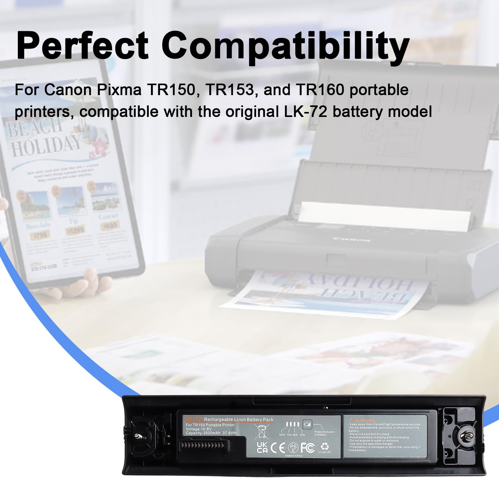 Batterie de rechange 3500 mAh pour imprimante portable Canon Pixma TR150 TR153 TR160, compatible avec LK-72 4228C002 4228C003, 37,8 Wh, batterie de rechange haute capacité