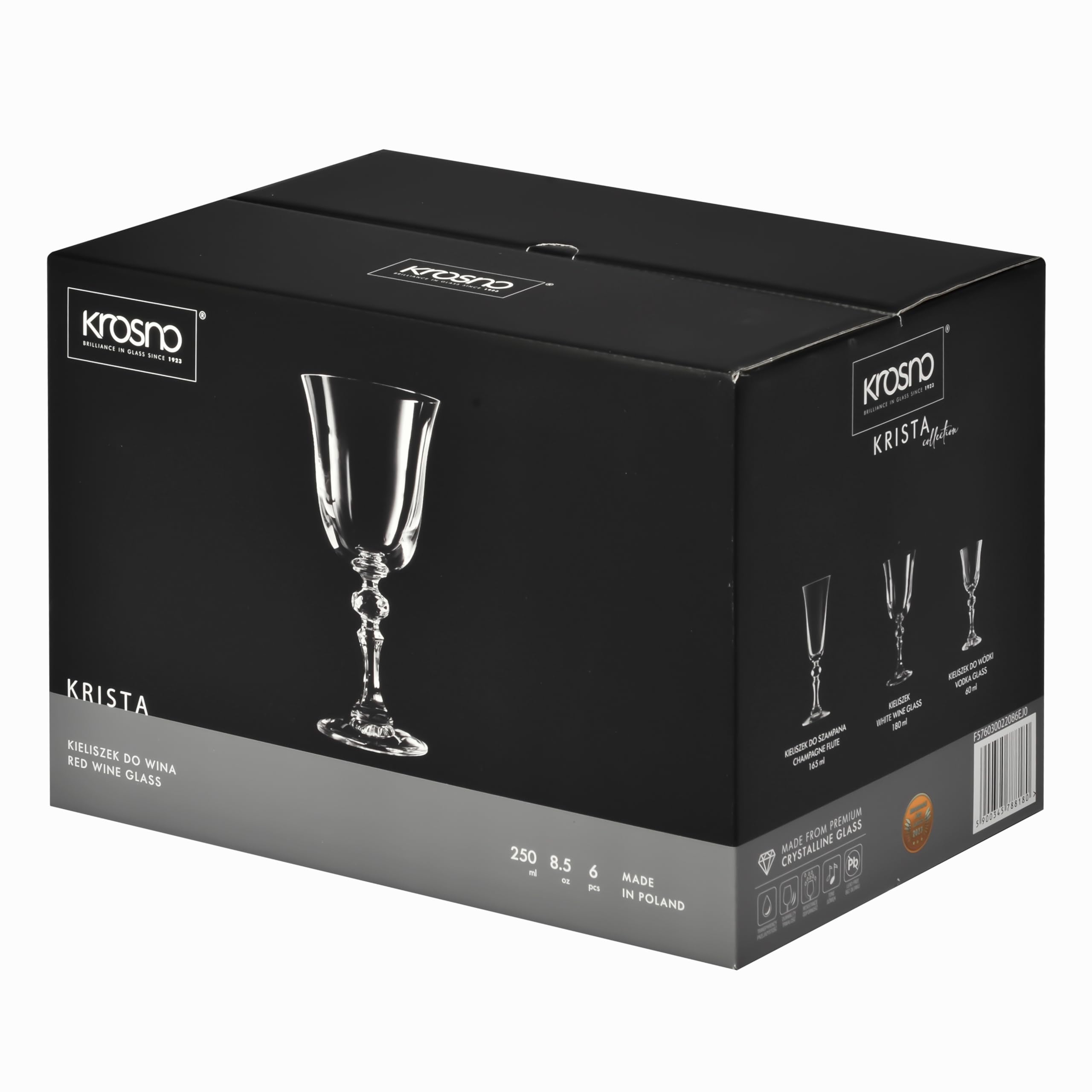 KROSNO Małe Kieliszki do Czerwonego Wina Kolekcja Krista, Zestaw 6 x 250 ml | Szkło Kryształowe Bezołowiowe, do merlot, pinot noir i win wytrawnych, zmywarka, codzienna degustacja