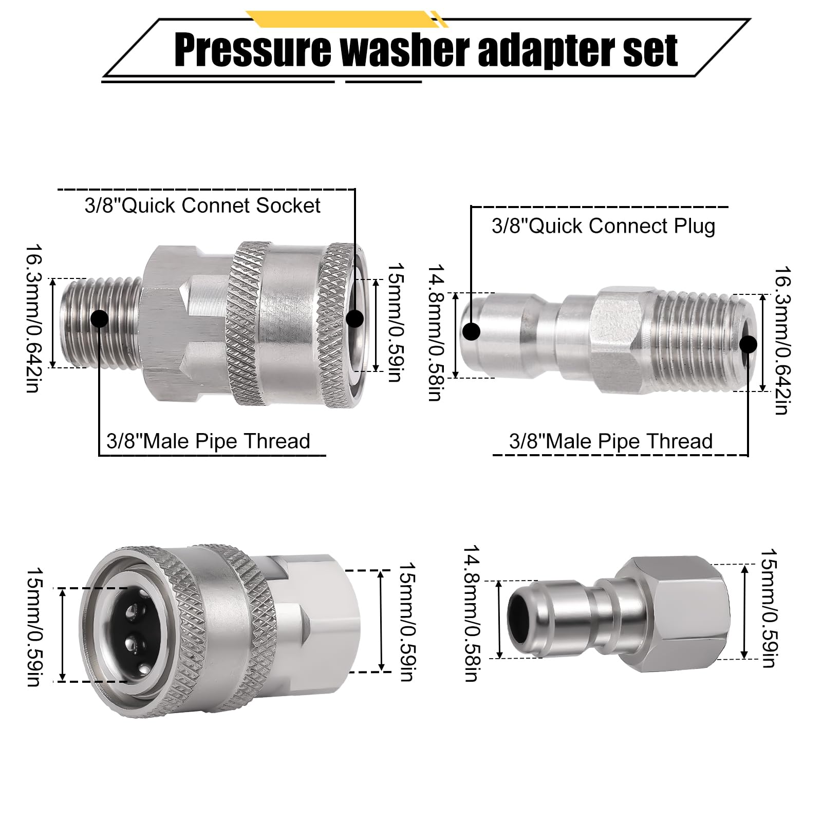 4 szt. Zlacze Myjki Cisnieniowej, NPT 3/8inch Zlaczki Myjki Cisnieniowej Stal Nierdzewna Meskie i zenskie Szybkozlacza Adapter Myjki Cisnieniowej 3/8 (Gwint Wewnetrzny, Gwint Zewnetrzny)