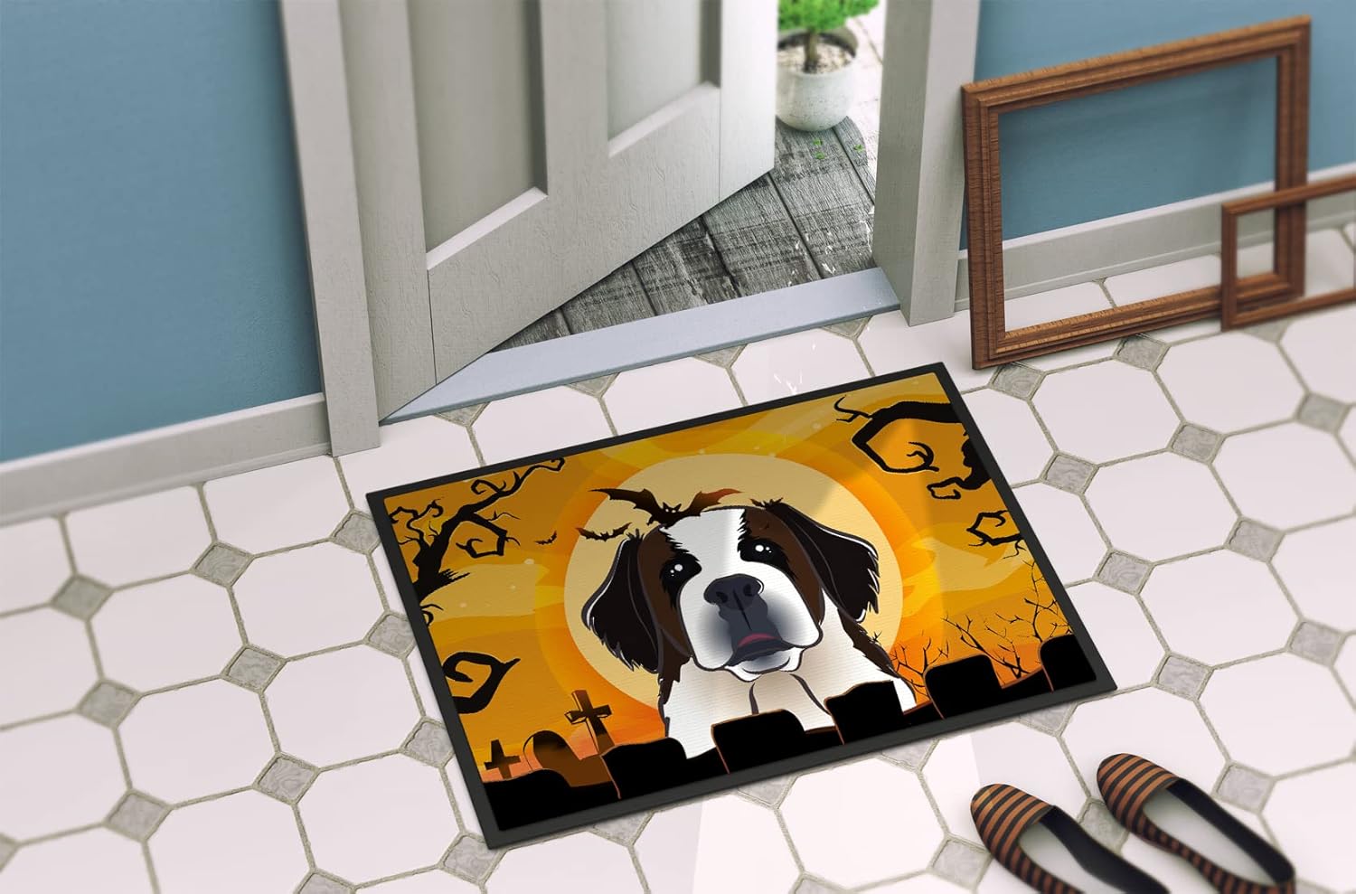 Caroline's Treasures BB1804JMAT Halloween Saint Bernard Doormat 24x36 Front Door Mat Indoor Outdoor Rugs for Entryway, Non Slip Washable Low Pile, 24H X 36W