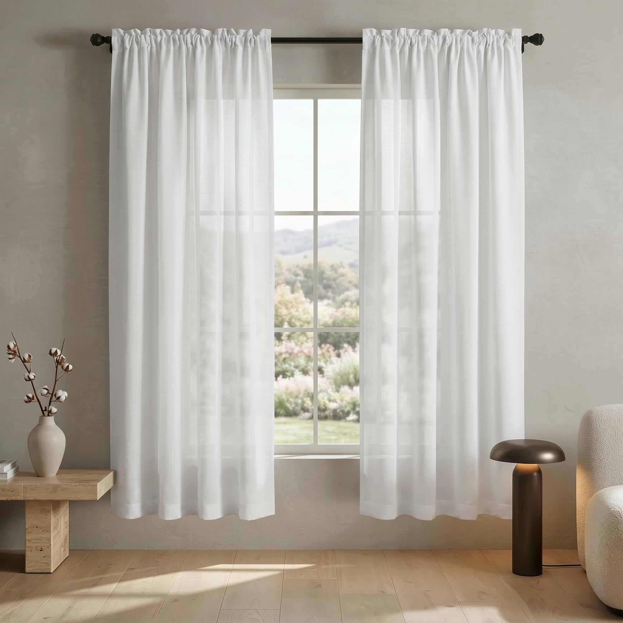 Mrs.Naturall White Linen Curtains 72 Inches Long, Rod Pocket Non-See-Through Semi Sheer Light Filtering Curtain Drapes for Living Room Bedroom 72 Inch Length 2 Panels Set, Cortinas Blancas