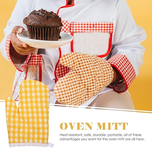 Miniatura 2 de Guantes de cocina para niños, 2 unidades, guantes de cocina para niños, guantes de horno de microondas, guantes de cocina a cuadros amarillos para