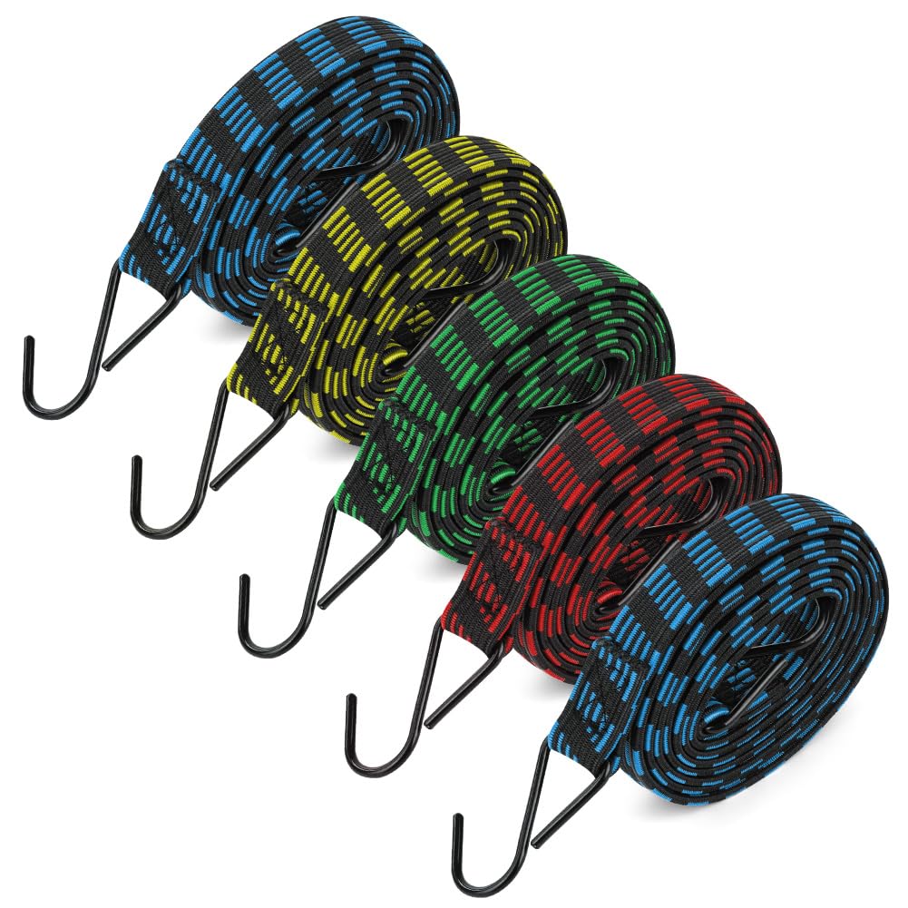 5 Pezzi Corde Elastiche con Gancio, 2M Piatte Elastici, Cinghie elastiche, elastici portapacchi tenditori, Elasticis Con Ganci Regolabili, per Teloni, Campeggio, Portapacchi, Auto, Bici(25 mm)