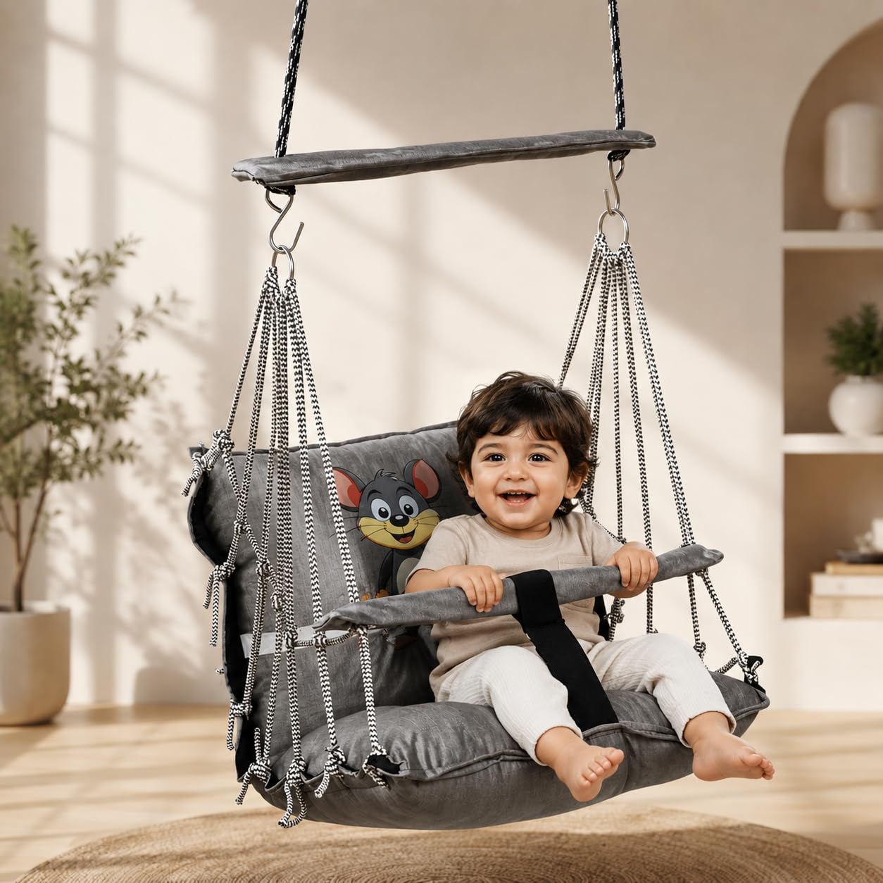JULJULIA Swing for Balcony and Indoor Use,Adjustable Safety Seat Swing for Kids 1-5 Years,Comfortable Cotton Rope Jhula for Kids for Bedroom,Garden-100 kg Weight Capacity or Playroom-Baby Swing Grey-image-1
