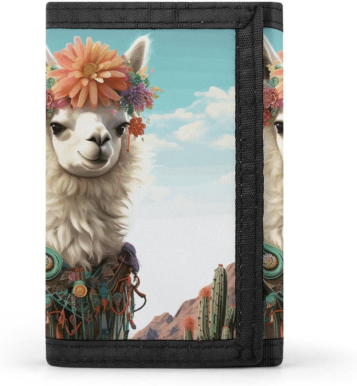 Trifold Canvas Wallet with Keychain, Modern Fashion Credit Card Holder Wallet for Men Women, Mexican Llama Cactus Slim Wallets W/Zipper Coin Pocket, Novelty Birthday Gift