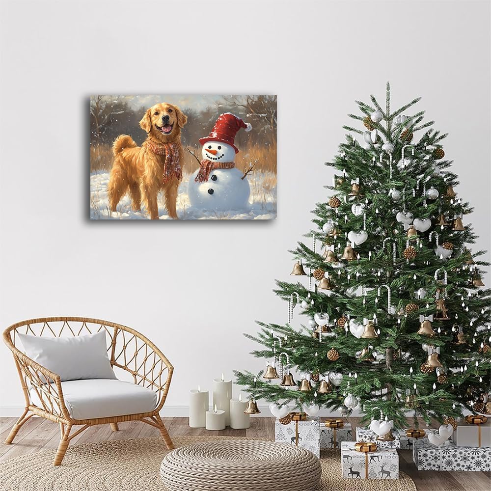 Golden Retriever and Snowman Canvas Wall Art,Dog Lover Christmas Winter Scene Wall Picture Decor,Pet Holiday Portrait Decor,Festive Cabin Tree Fireworks Canvas Print,8"x12" Framed