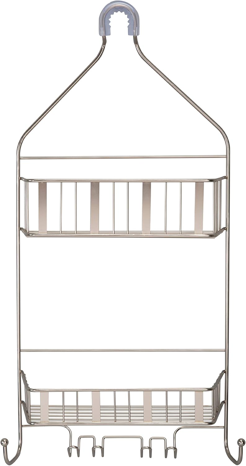 Laura Ashley Aristo Shower Caddy | Dimensions: 10"x 4"x 22" | Durable | Holds Large Bottles | 4 Razor Hooks | 2 Hooks | Holds Luffas | Holds Wash Clothes | Shower Accessories| Satin