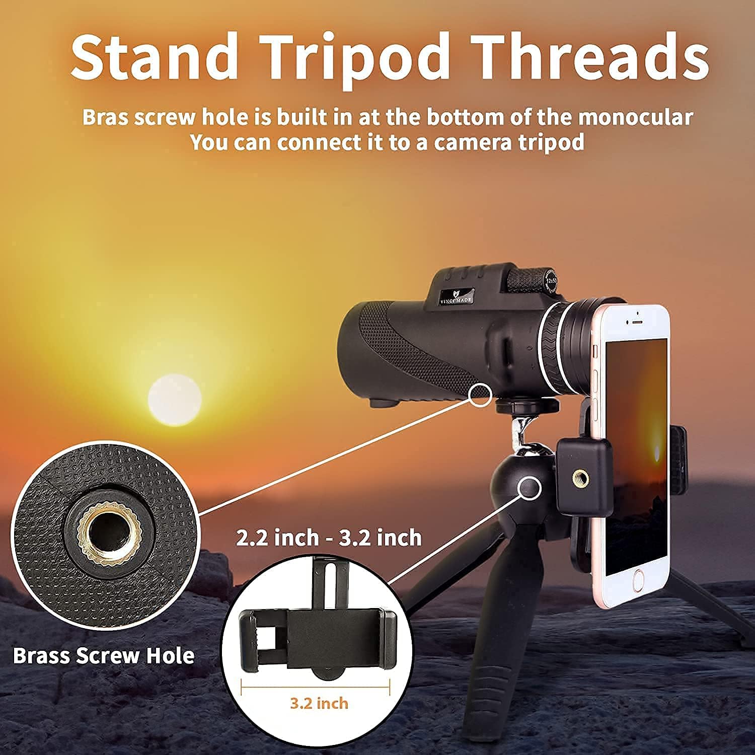 Vinci Made 12X50 Monocular Telescope for Smartphone with Upgraded Tripod & Shutter - High Power Monocular Telescope for Adults - Compact High Definition Monocular Scope for Bird Watching Hunting : Electronics