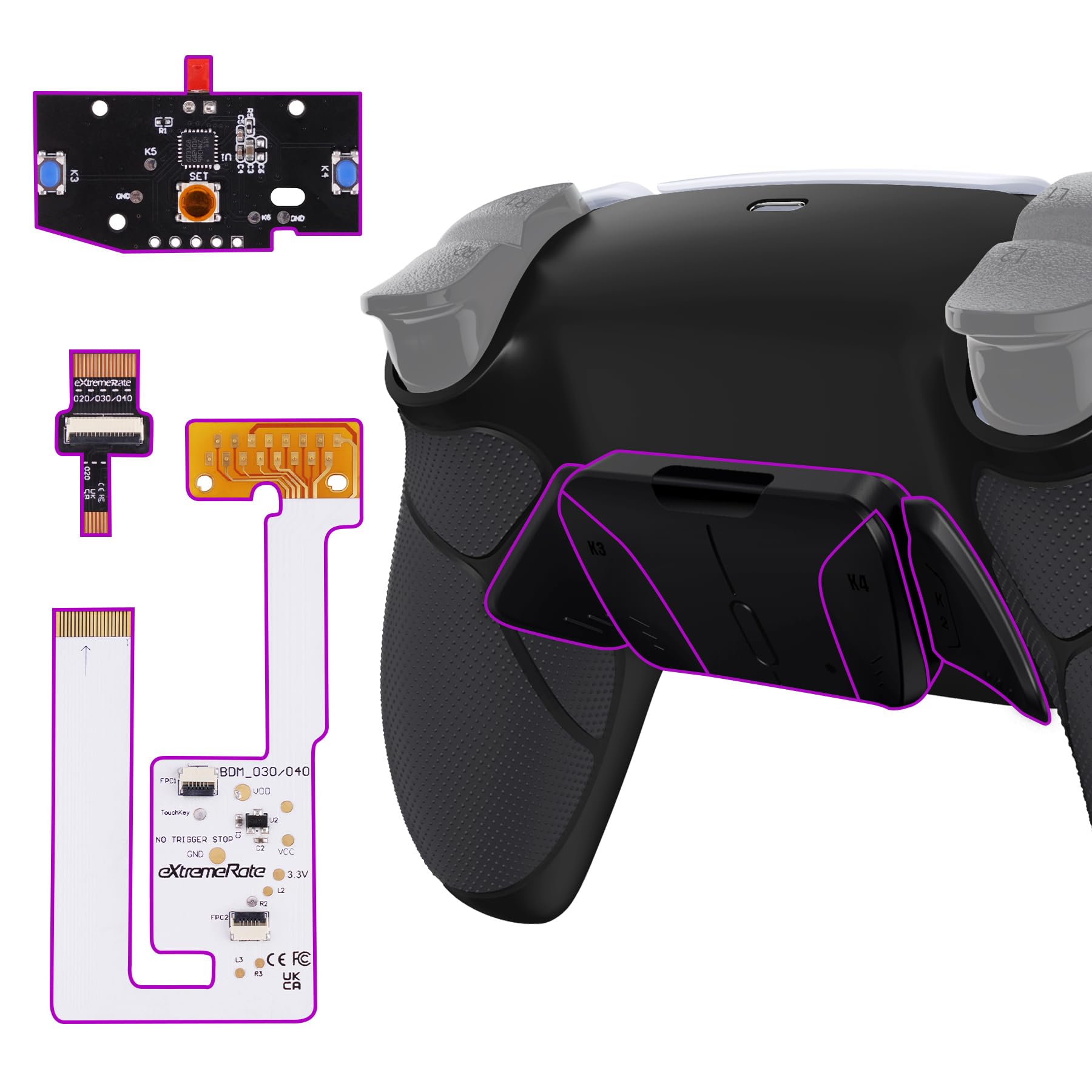 eXtremeRate RISE4 V3 Remap Kit pour ps5 Manette BDM-030/040/050, Coque Arrière Redessinée avec 4 Palette pour ps5 Controller BDM-030/040/050/060, Carte améliorée, Noir
