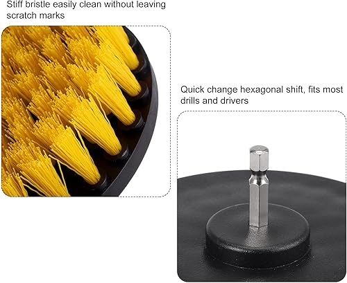 Miniatura 4 de Juego de cepillos para taladro (5 piezas) Kit de limpieza multiusos para lechada, piso, bañera, azulejo, con eje de extensión, amarillo