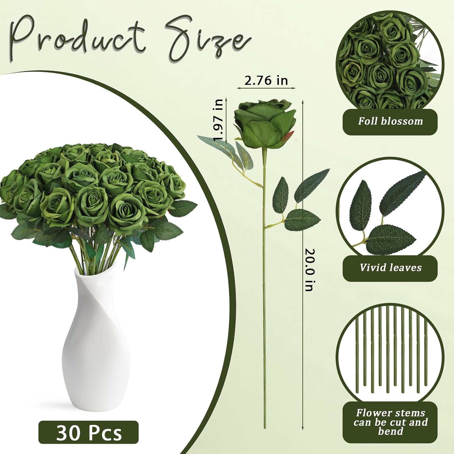 30pcs Fake Roses Artificial Silk Flowers Long Stems Bouquet for Wedding Bridal Shower Party Home Decoration (Green) - Image 2